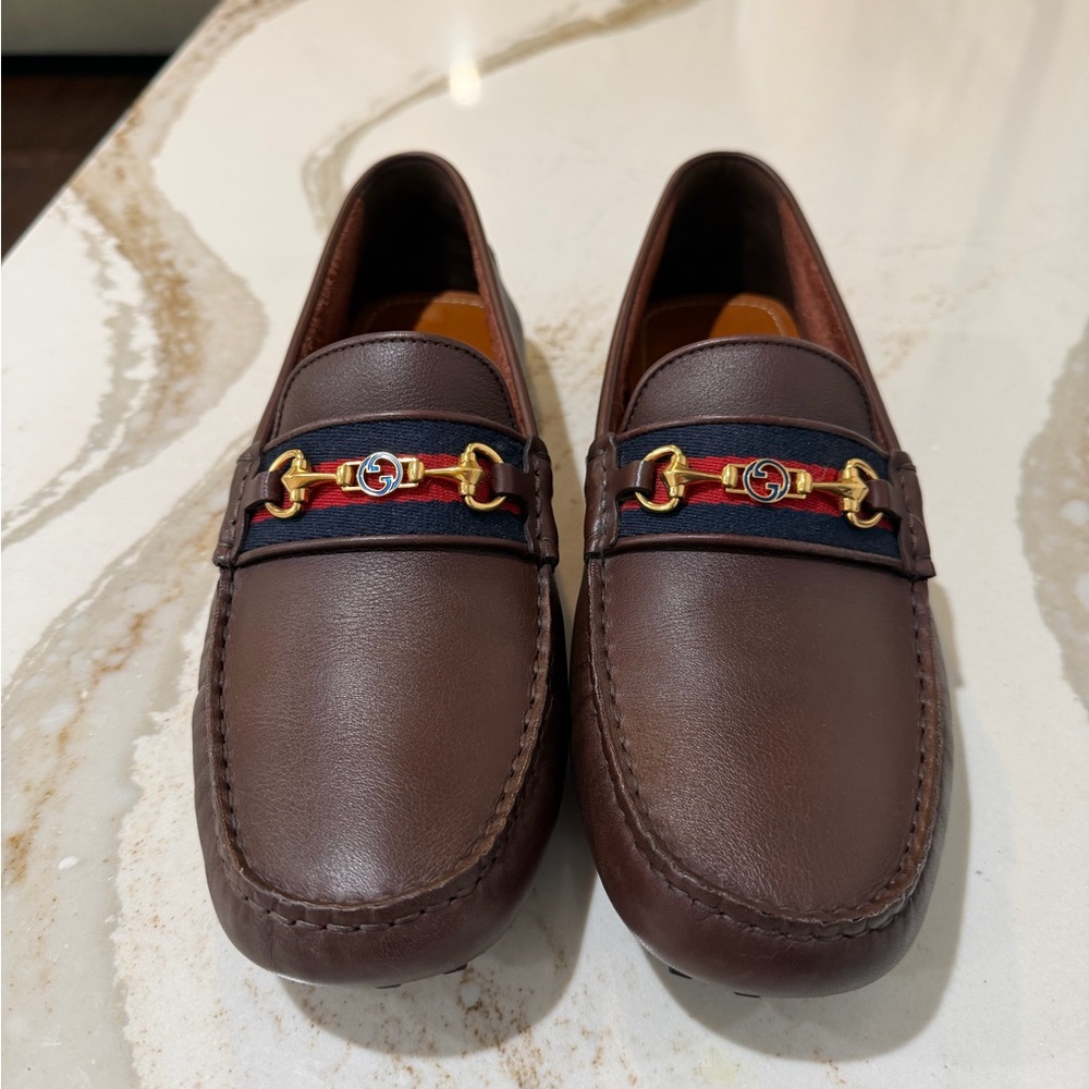 Gucci Ayrton Web Striped  Leather Driver Loafers with Gold Accents